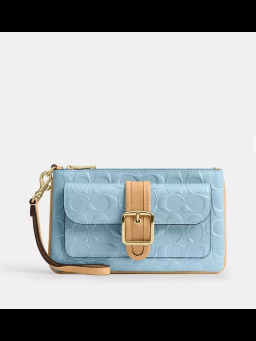 Coach Sky Blue Signature Wristlet with Tan Trim